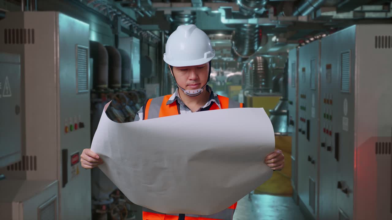 Asian Male Engineer With Safety Helmet Looking At Blueprint In His Hands And Looking Around While Standing In Engine Control Room, Work Of Electrical Generators
