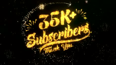 35k subscribers greeting and wishes card made from glitter particles and sparklers light dark night sky with colorful firework 4k background.