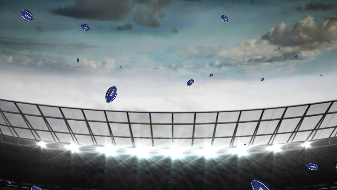 Animation of blue rugby balls with samoa text at stadium