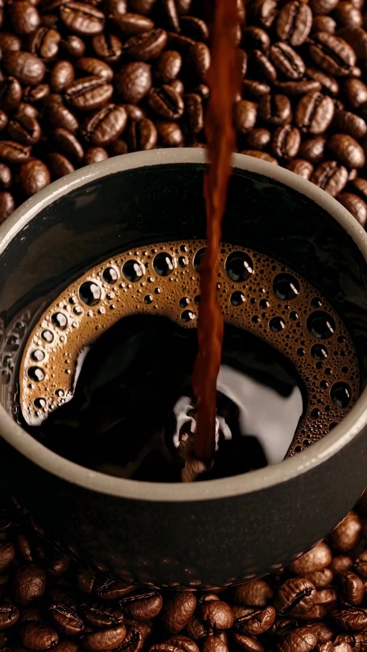 Nærbillede af frisk kaffe, der hældes i en kop, omgivet af ristede bønner