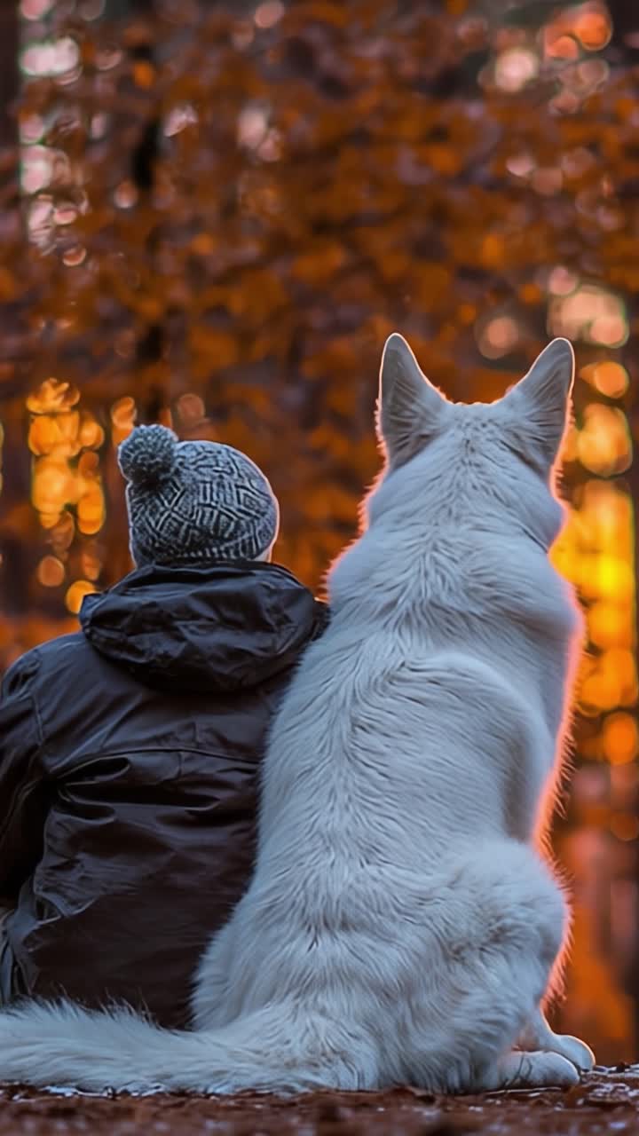 Una serata serena con un fedele compagno: un commovente momento di connessione tra una persona e il suo cane contro uno splendido sfondo al tramonto.