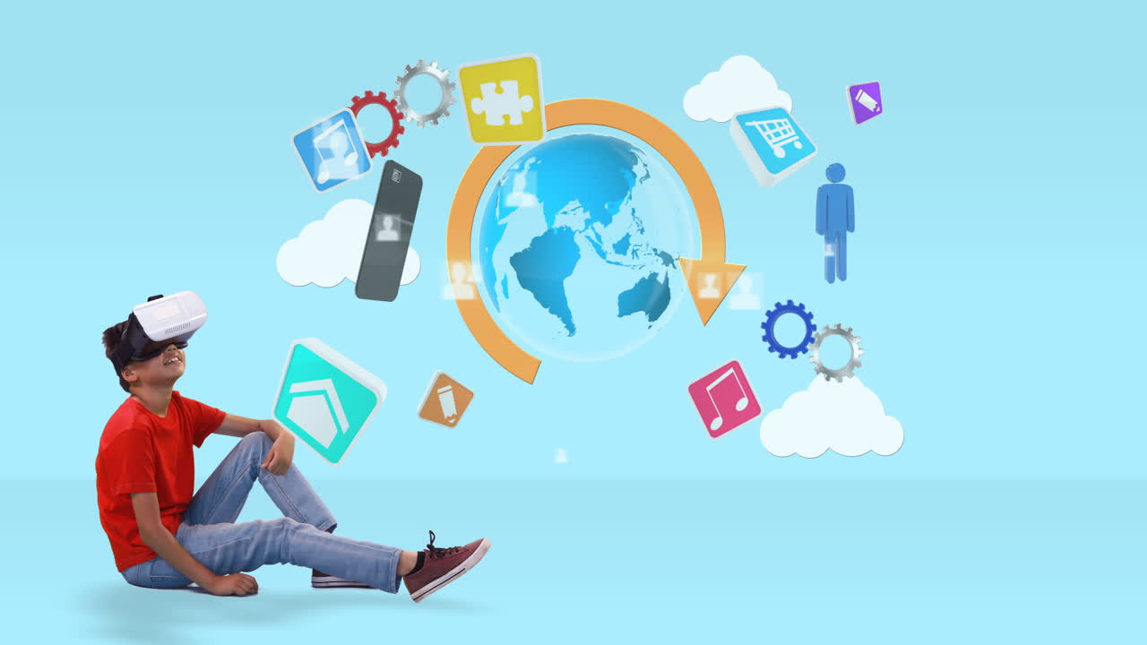 niño usando auriculares de realidad virtual con iconos generados digitalmente 4k