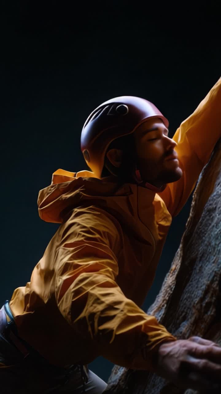 A determined climber reaches for the next hold, showcasing strength and focus as he navigates a rocky ascent in a dramatic lighting environment