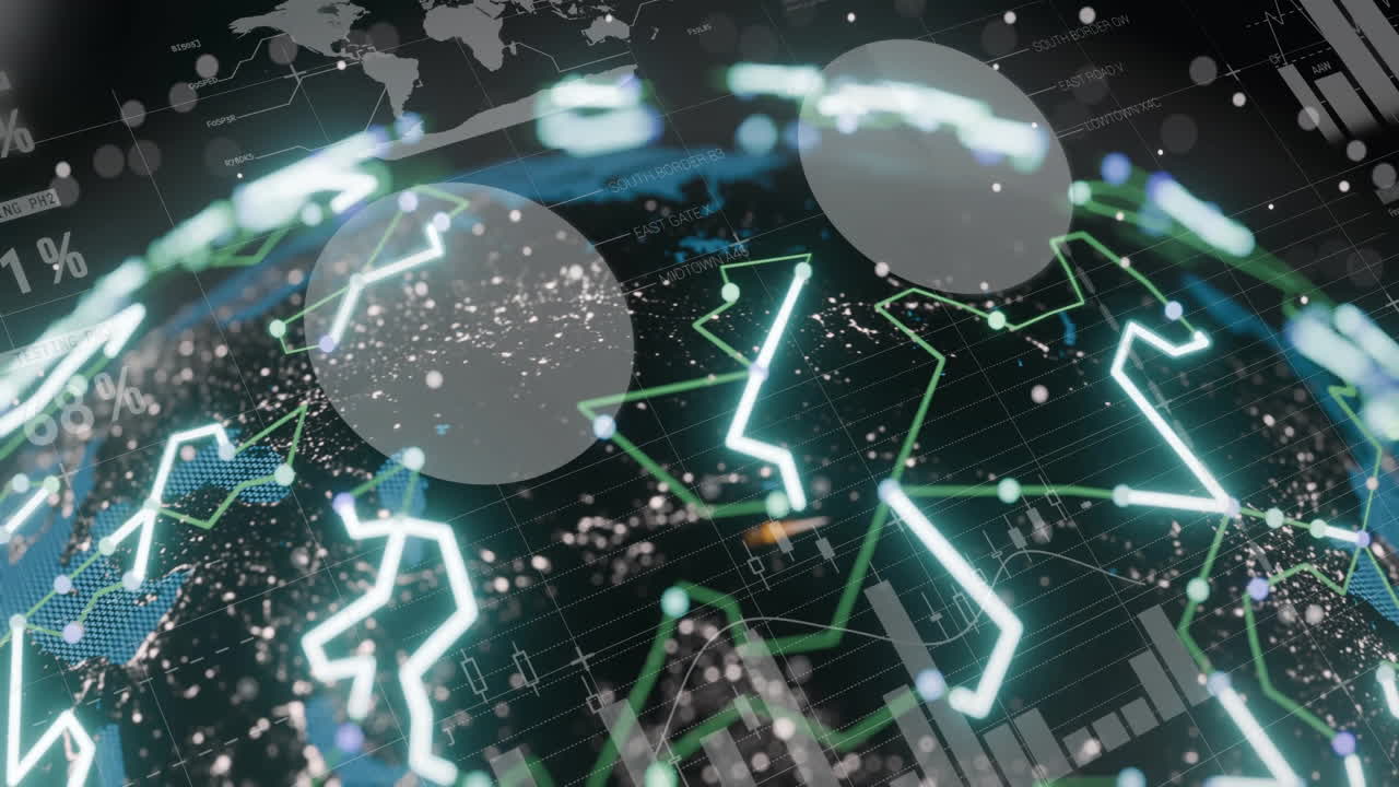 데이터 프로세싱의 애니메이션과 검은색 배경의 지구