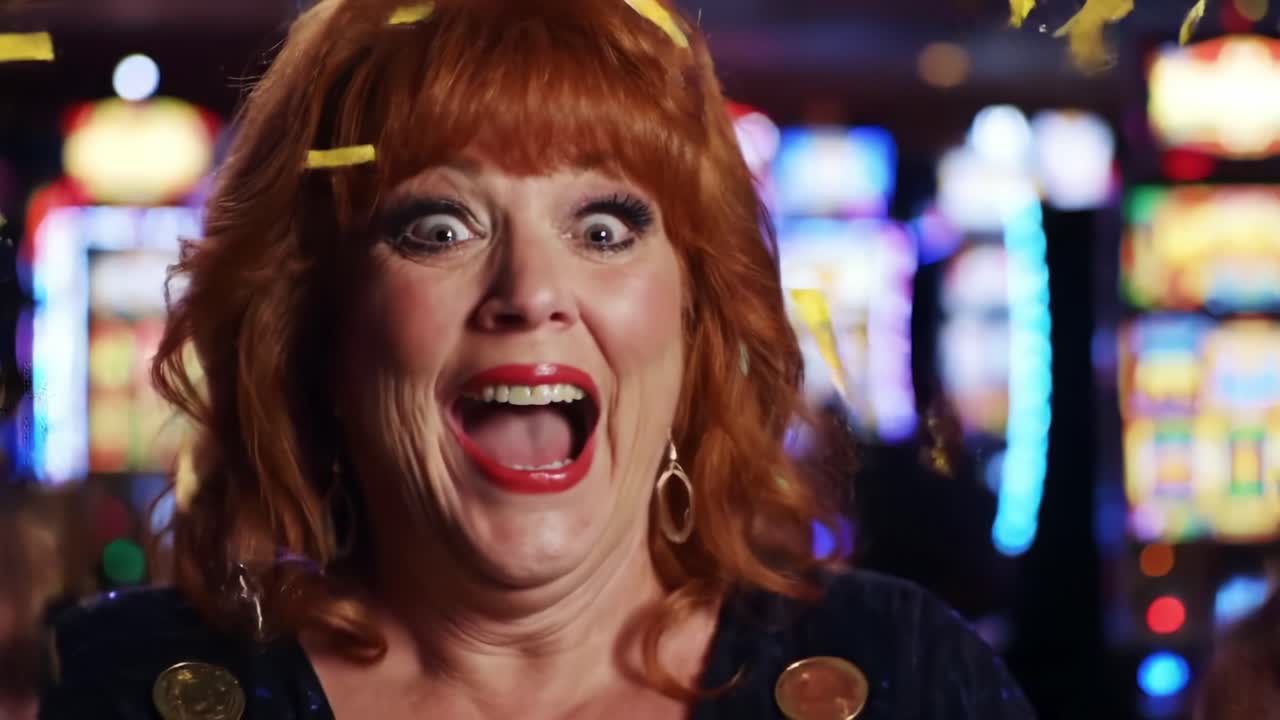 A Joyful Celebration in a Casino: An Excited Woman Revels in Winning Moment Surrounded by Slot Machines and Confetti, Capturing Pure Happiness and Elation