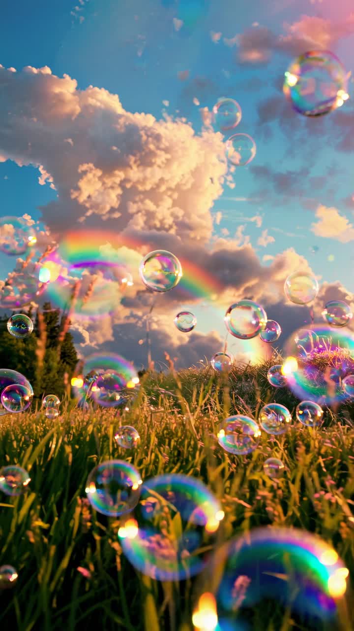 Fotogramma video ripreso dal basso che cattura un paesaggio sognante con bolle, un arcobaleno e nuvole soffici.