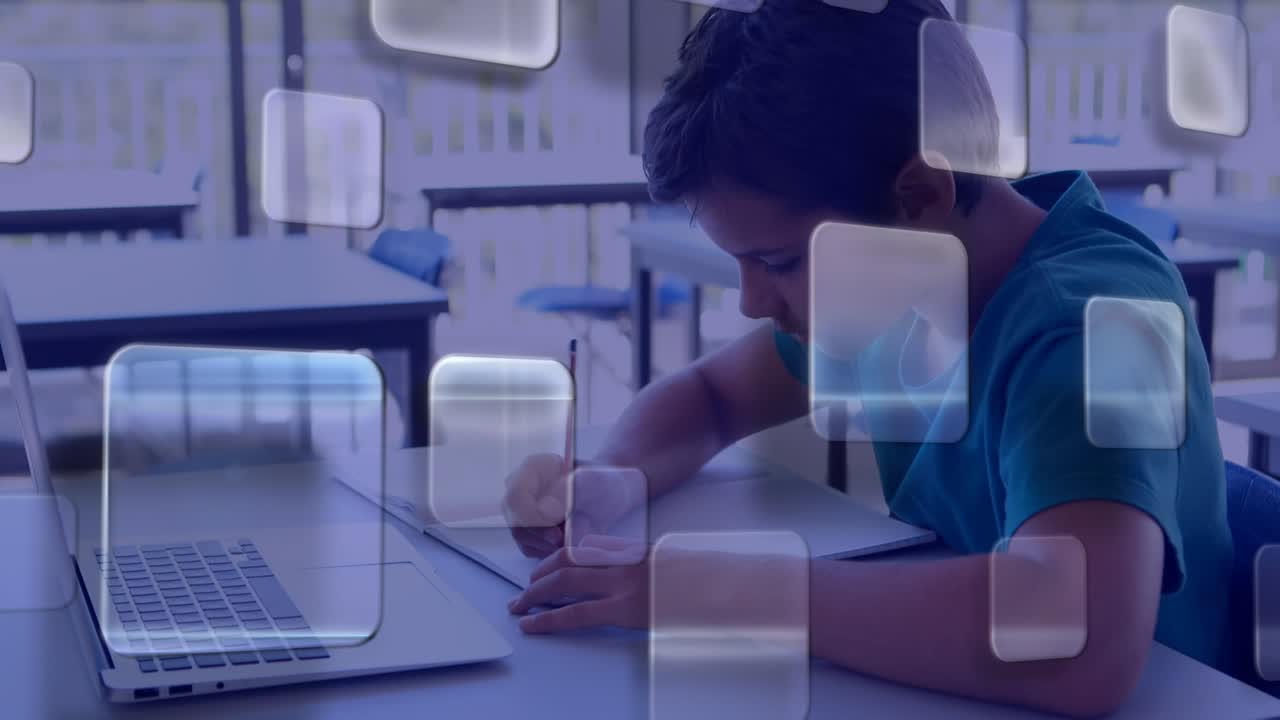 Multiple square shapes floating over caucasian boy studying in the class at school