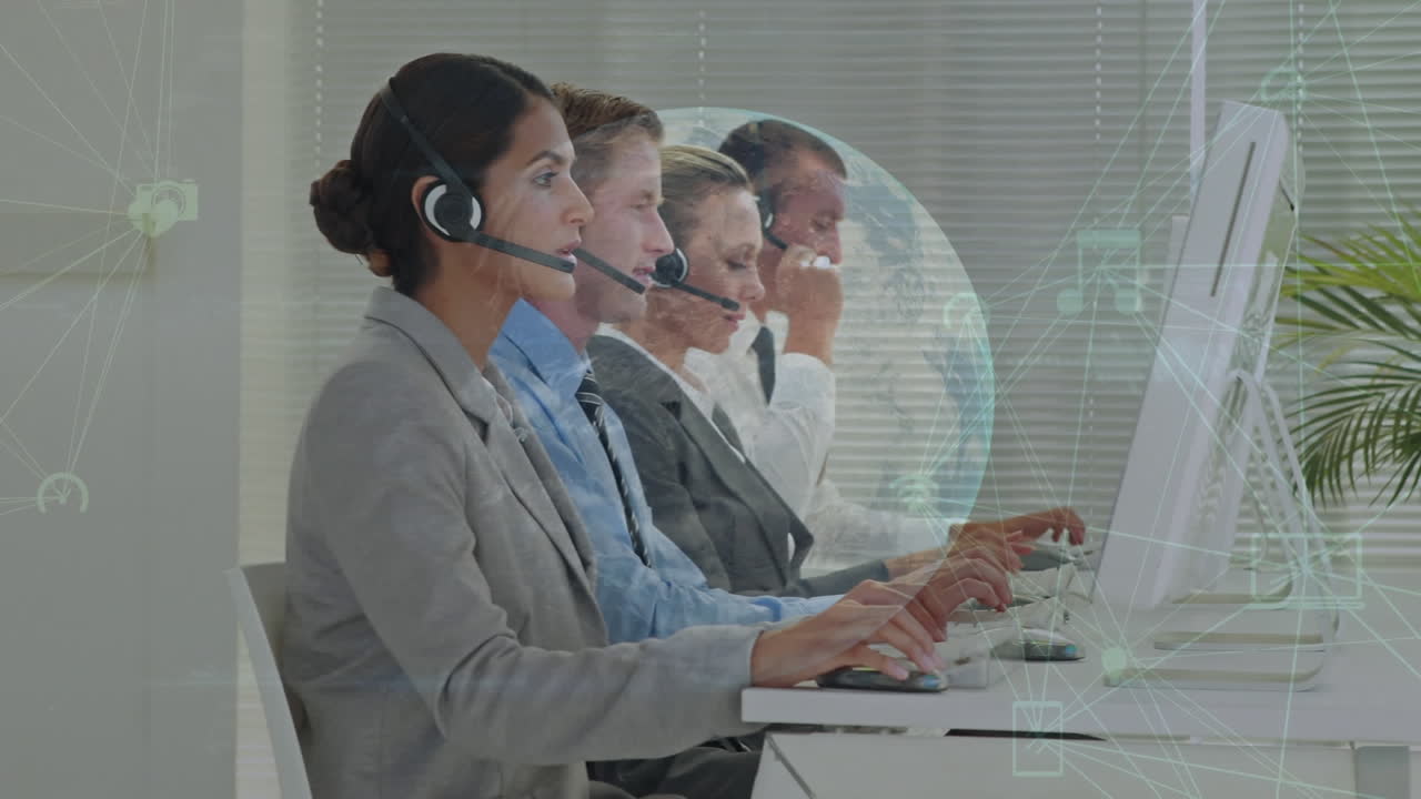 전화 헤드 ⁇ 을 사용하는 비즈니스 사람들에 대한 아이콘과 연결 네트워크의 애니메이션