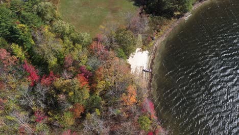 birdseye aerial view of boat on small lake beach by forest in autumn leaf colors high angle drone shot