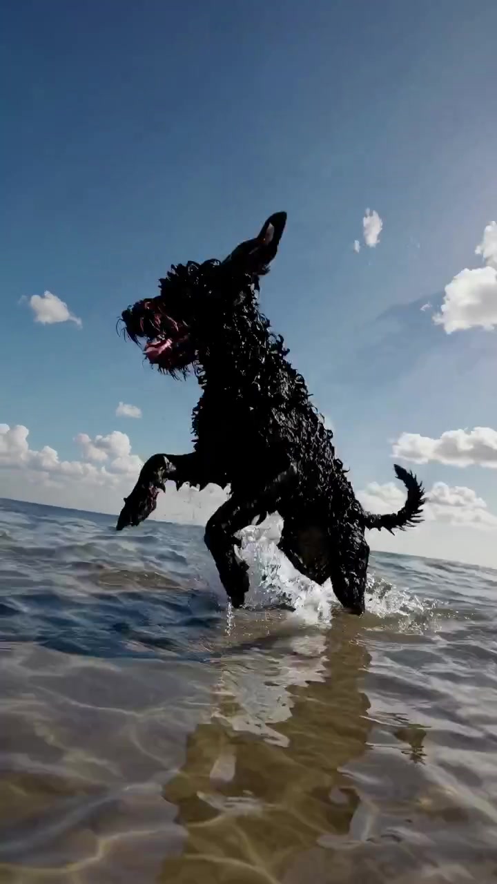 Cane nero che corre e salta nell'acqua bassa dell'oceano