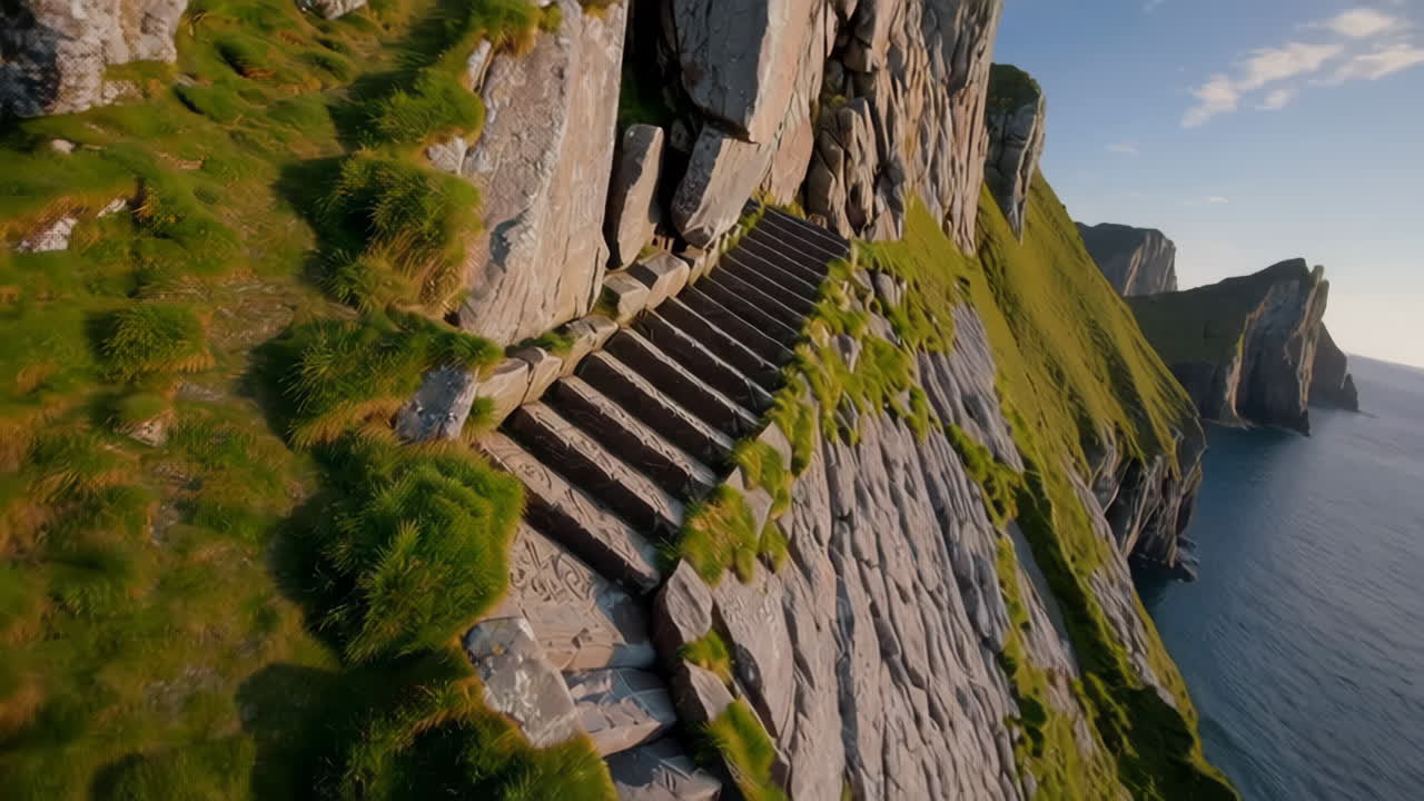 Ancient Carved Stone Steps on a Steep Coastal Hillside
