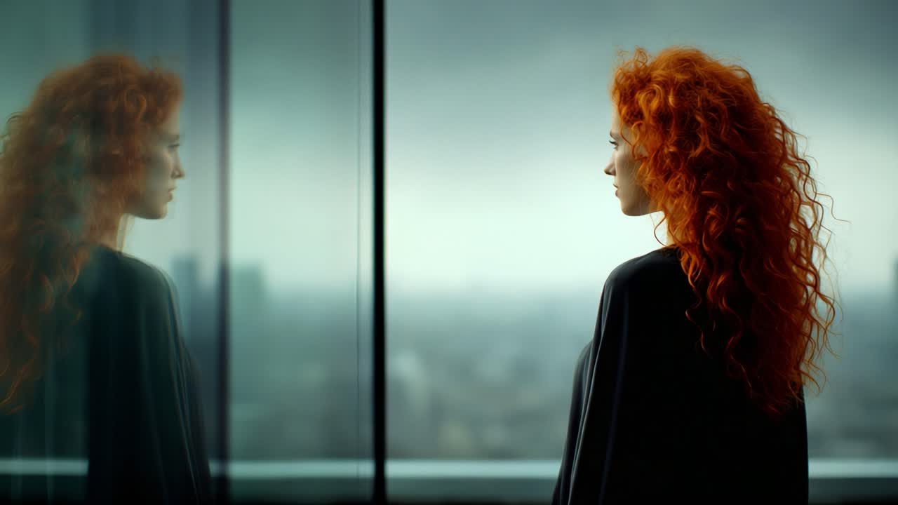 A contemplative moment captured through a glass reflection, showcasing a woman with vibrant red curly hair gazing pensively at the distant horizon amidst a moody urban backdrop