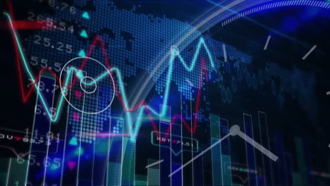 animation of digital graphs and world map showing financial data trends