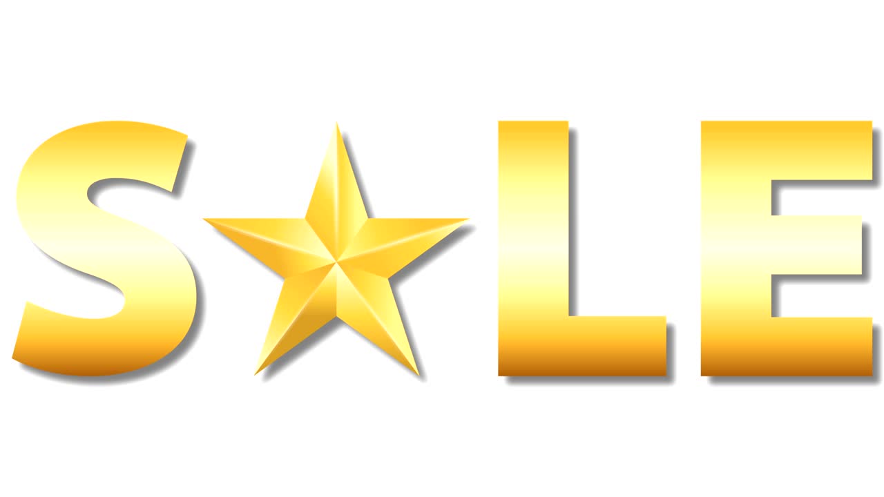 색 배경에 회전하는 별을 가진 금색 판매 단어