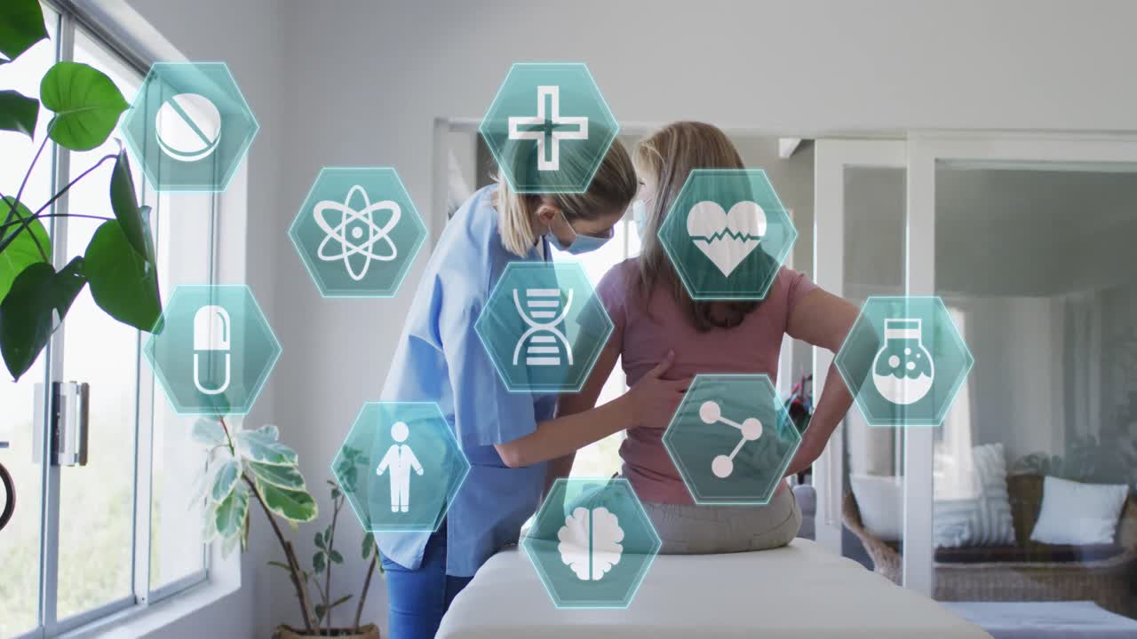 고령 백인 여성과 간호사가 운동하는 의료 아이콘의 애니메이션