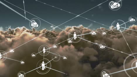 Animation-of-networks-of-connections-with-icons-over-clouds-and-sky