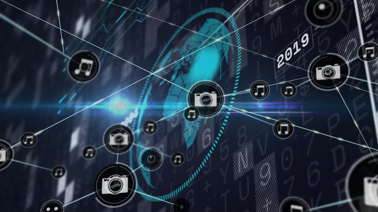 Animation of digital network with multimedia icons over world map