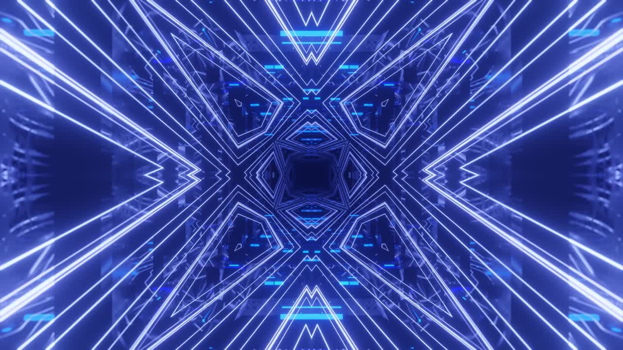 Glow sci fi symmetrical construction. Vj loop trendy neon tunnel. hi tech neon tunel. Sci-fi flight through cyberspace with symmetry. Video game or vj night club background with neon light.