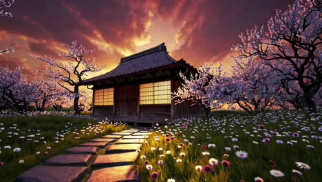 japanese house in a spring garden at sunset