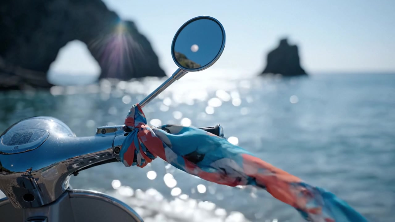 Una vista panoramica con un manubrio di scooter lucido e una sciarpa colorata, sullo sfondo di acqua blu scintillante e imponenti formazioni rocciose.