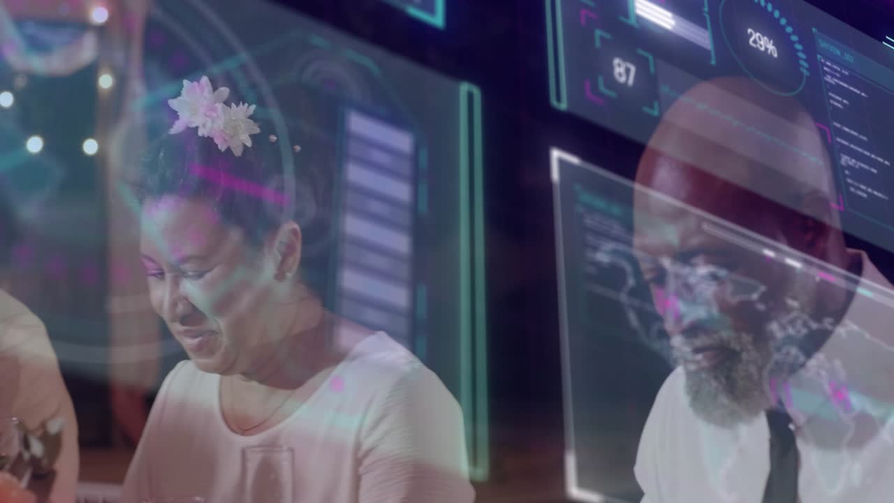 Woman reacting to off-frame gesture, guests leaning in, tech UI gauges showing reactions