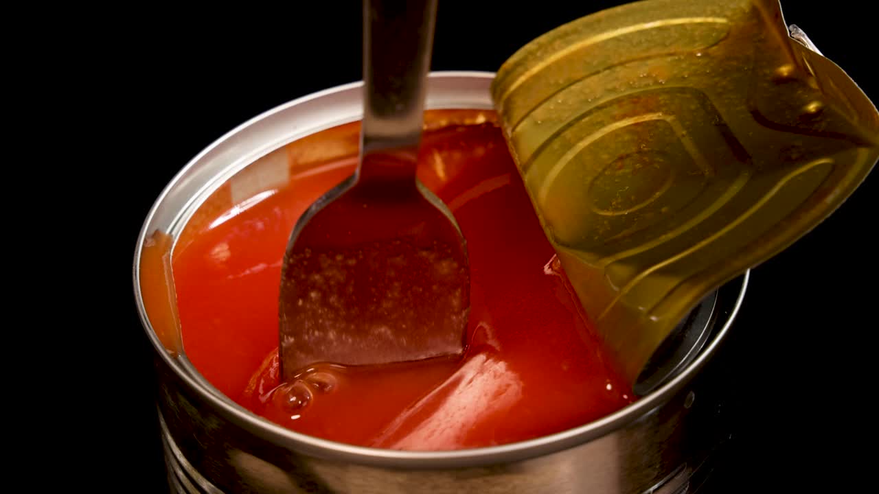 A metal fork lifts a whole peeled tomato from an open tin can in dramatic studio lighting, with smooth camera movement and a black background