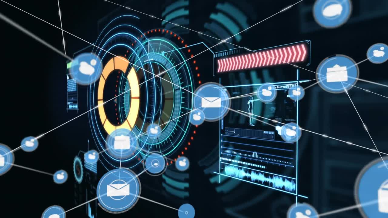 Network of digital icons against digital interface with data processing on black background