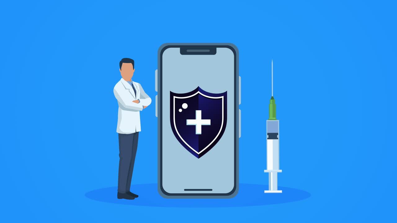 doctor with medical shield in smartphone and vaccine
