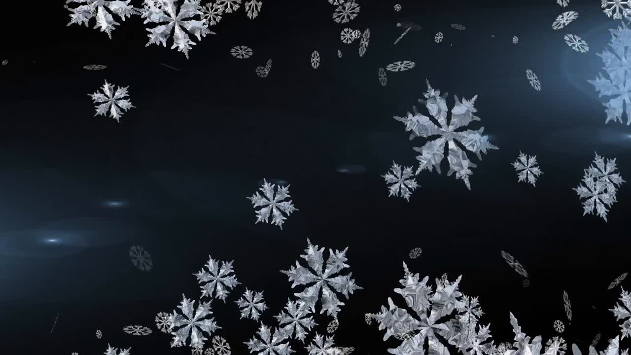 Digital animation of snow flakes moving against light spots on blue background