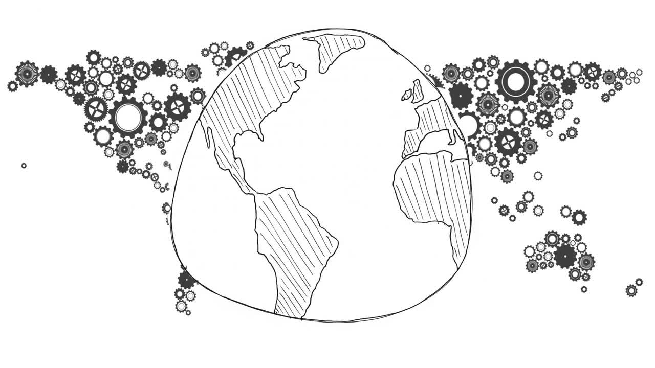 Animating gears and cogs over hand-drawn world map, illustrating global connections