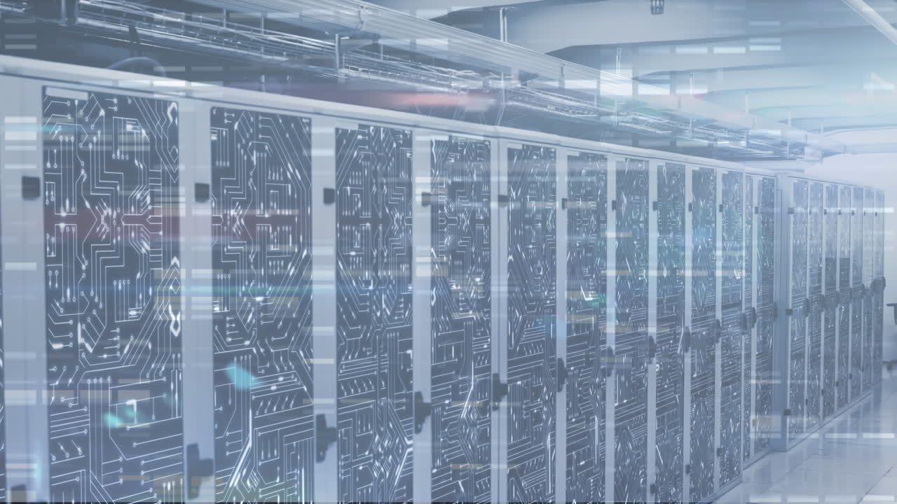 Animation of mosaic sqaures and microprocessor connections against computer server room