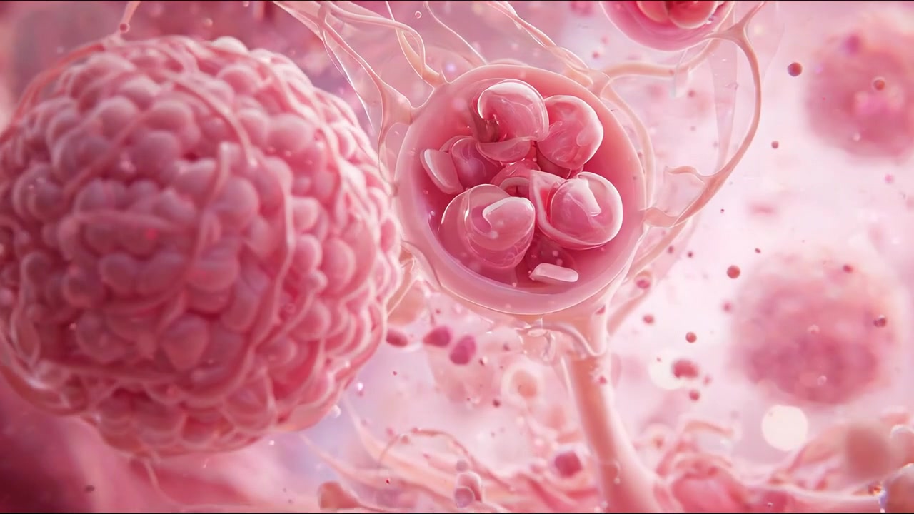 Pink biological cells circulating through a bright microscopic environment