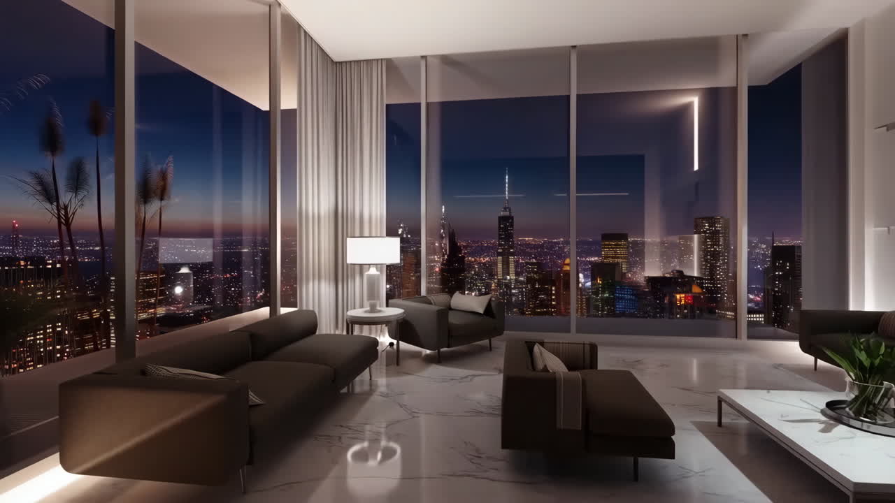 Luxurious Modern Living Room with City Skyline View at Night