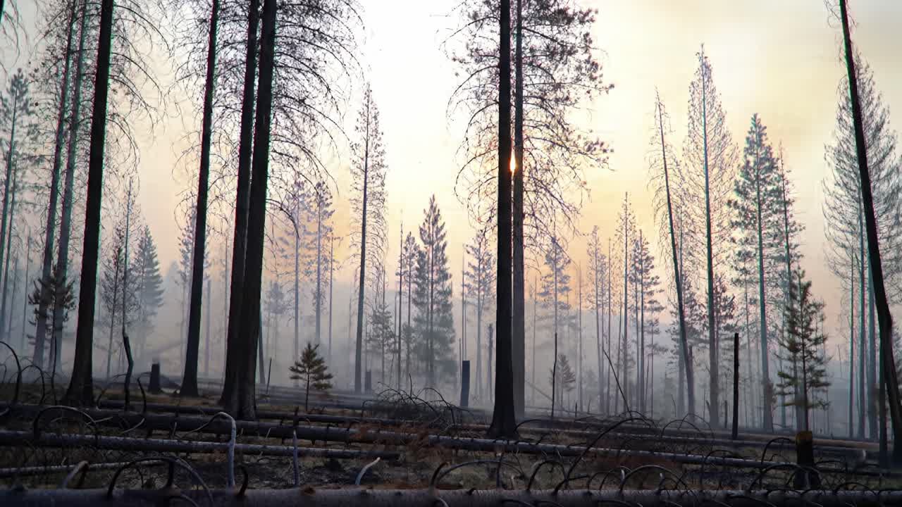 A haunting vision of wildfire devastation as smoke lingers amongst the charred remains of trees, highlighting the resilience and vulnerability of nature's landscapes