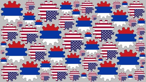 bandera estadounidense y rusa engranajes girando fondo