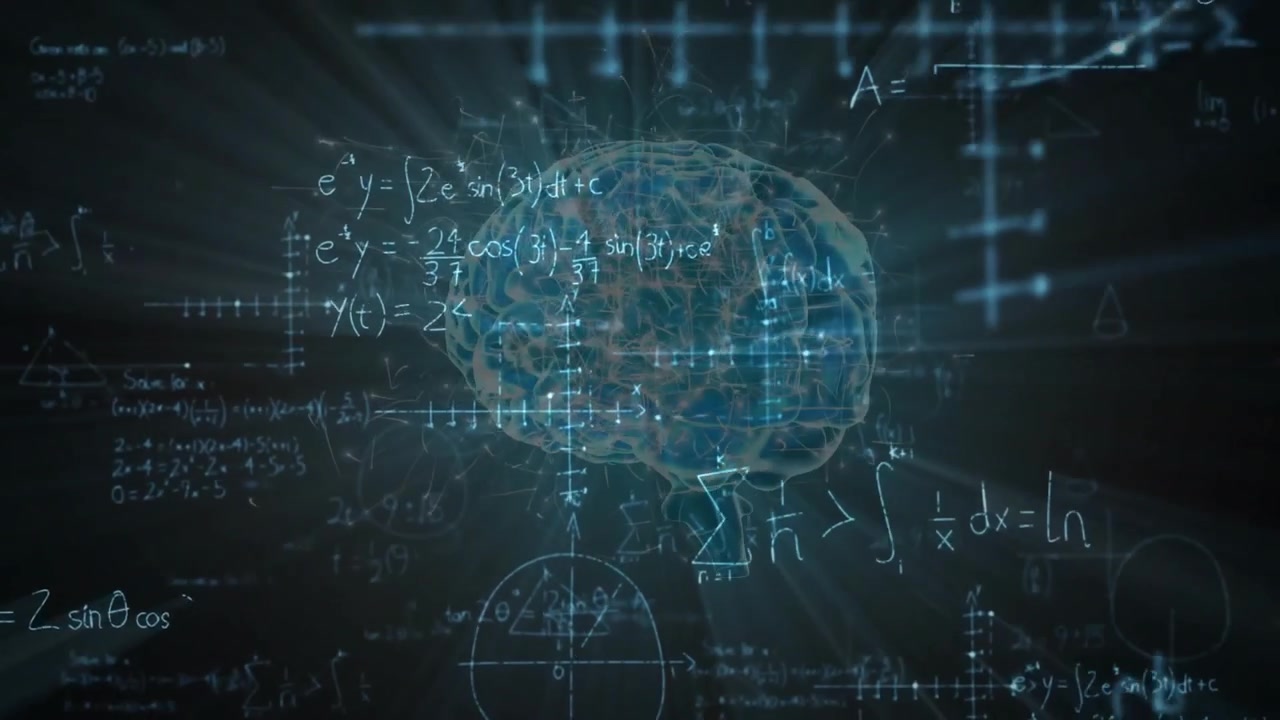 On brain emergence, neon brain rotating while equations emerging showing math concept in 3D render