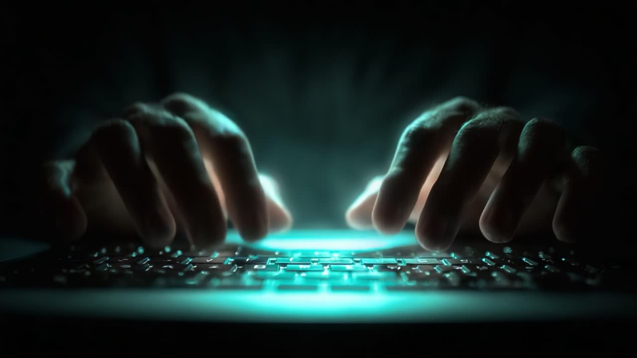 Illuminated Hands Typing on a Laptop Keyboard in a Dark Setting, Showcasing the Art of Digital Communication and Technology Integration