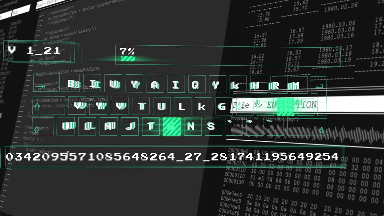 Animation of digital encryption interface showing code and data processing elements