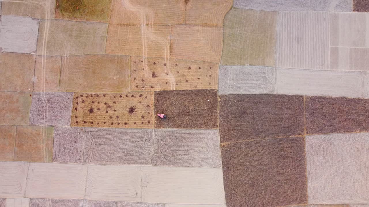 Agricultural tractor ploughing soil at large potato farm fields, West Bengal rural village farmland, Top view, Aerial