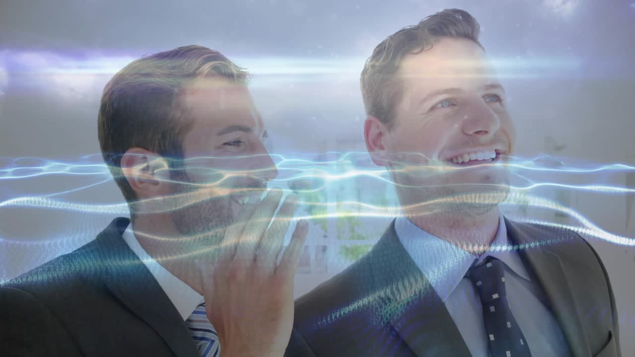 Colleagues standing in business office reacting to waveform appearing and sweeping across faces