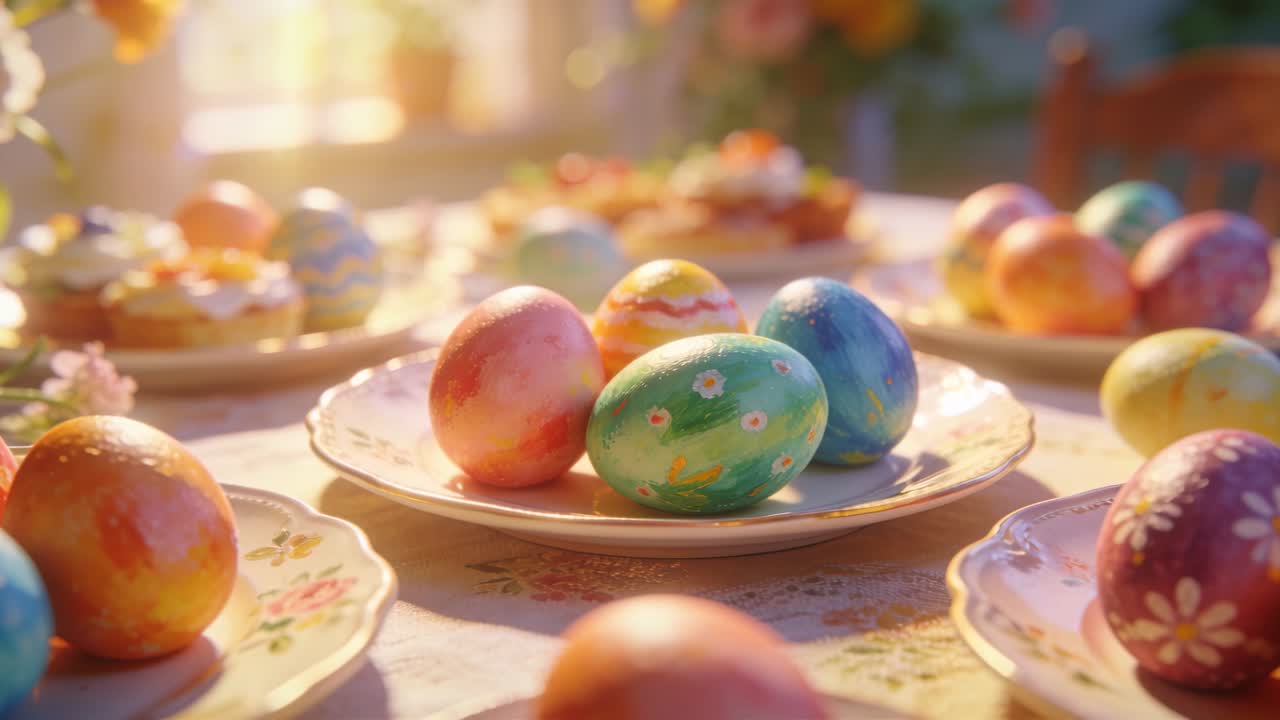 Pulling back, camera revealing three painted eggs on floral plate near sunlit window, showing buns