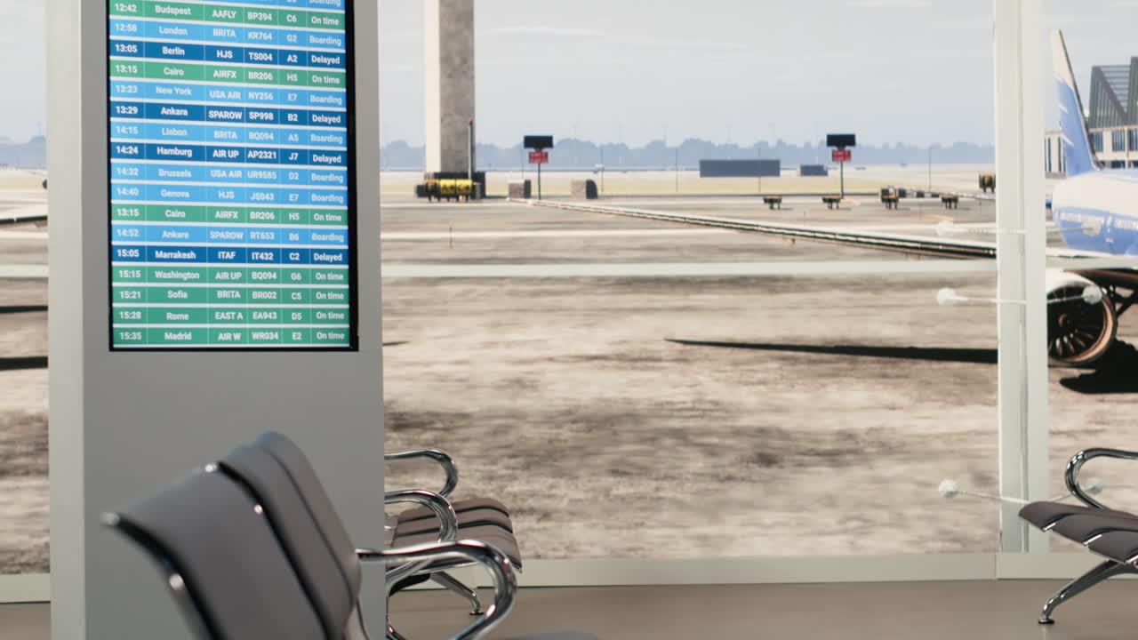 Área de Espera de Aeroporto Vazia com Painel Digital de Partidas e Vista da Pista