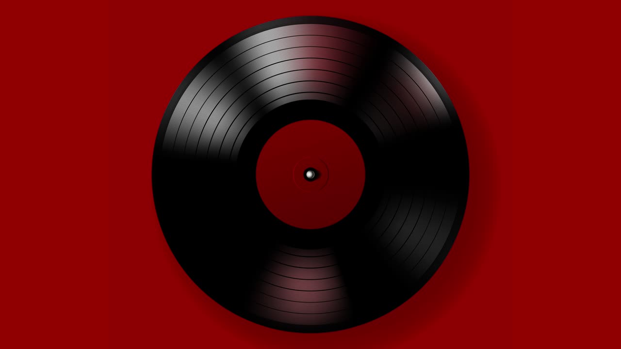 A black retro vinyl record on a red background. Rotating plate close-up. Loop. Macro view from above.