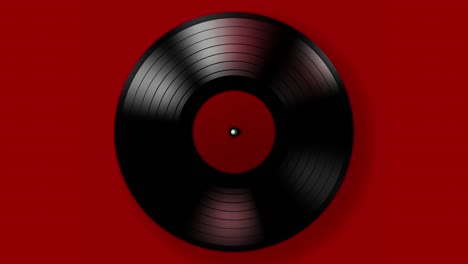 a black retro vinyl record on a red background. rotating plate close-up. loop. macro view from above.