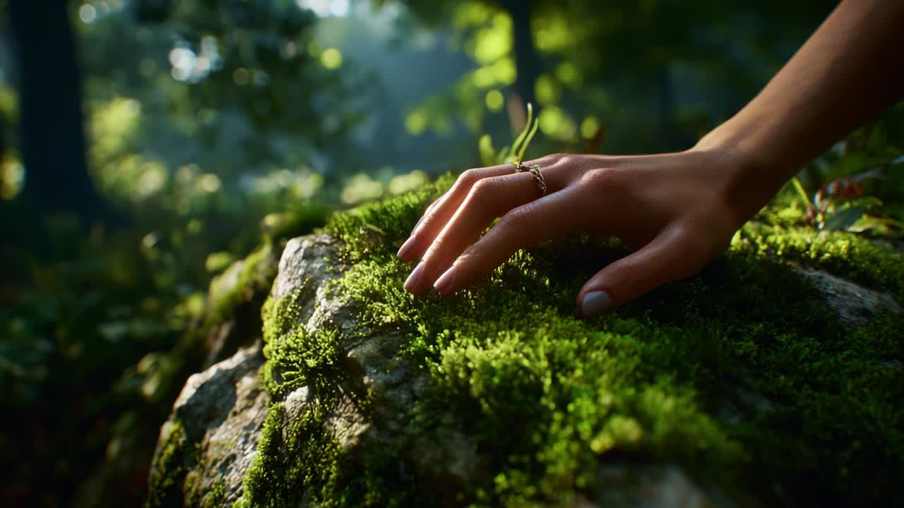 A Serene Moment in Nature: Capturing the Touch of a Hand on Lush Green Moss, Highlighting the Beauty and Tranquility of the Forest Environment Bathed in Gentle Light