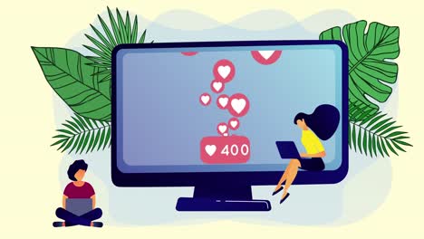 Animación-De-Pantalla-Con-íconos-De-Redes-Sociales-Mujeres-Usando-Dispositivos-Electrónicos