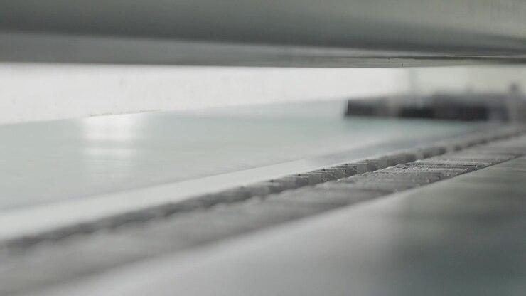Inside A Industrial Production Machine While Operating In A Leather Factory. Close Up Shot.