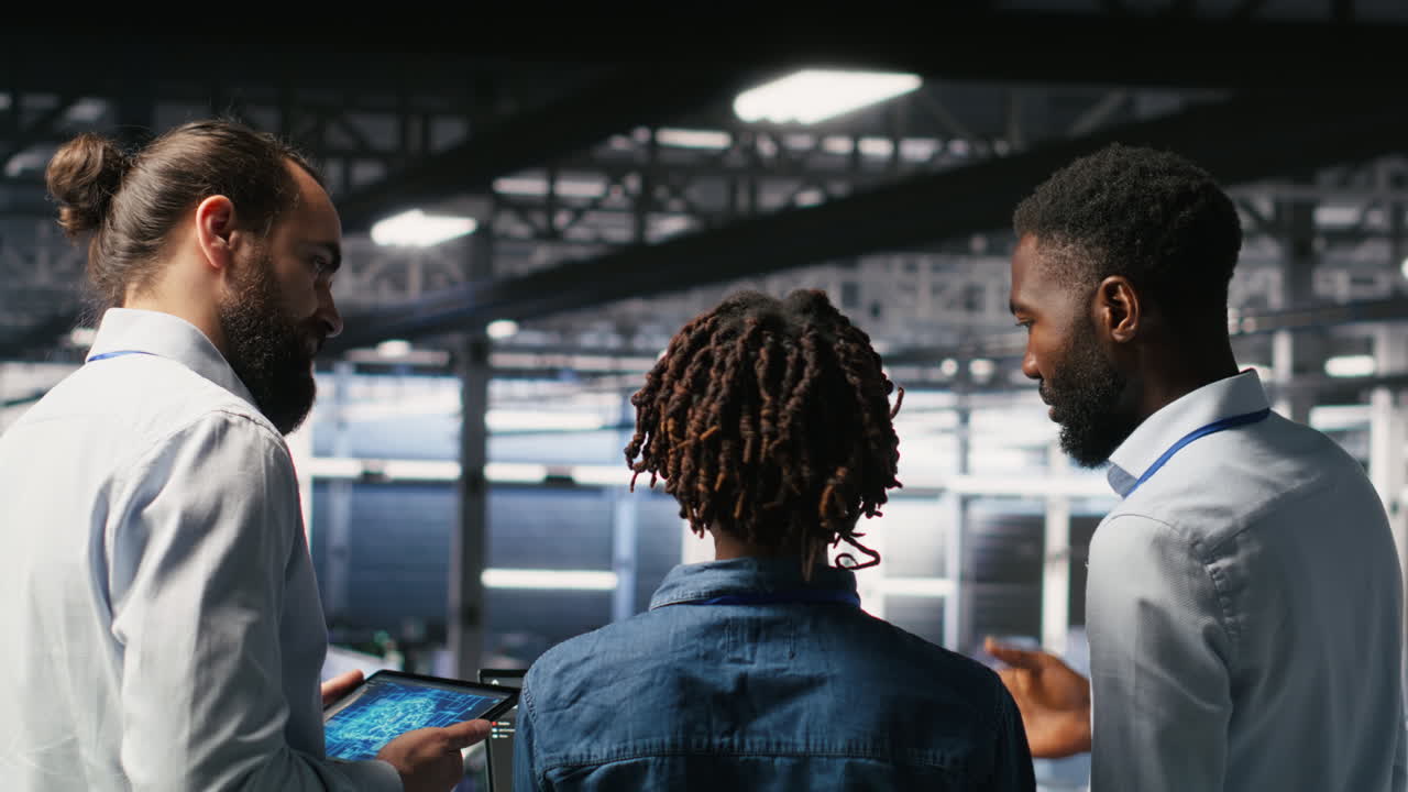 Data center manager talking with workers doing maintenance on AI supercomputers