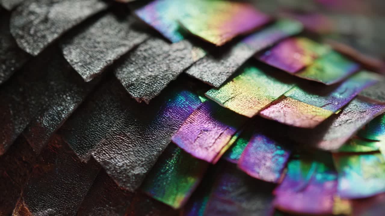 Primo piano di squame iridescenti con una gamma colorata di tonalità, da scure a brillanti, in una straordinaria rappresentazione naturale con texture e motivi intricati