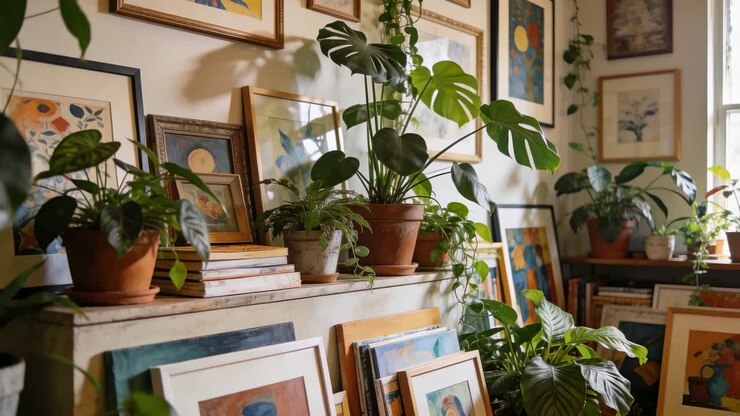 Telecamera panoramica che si sposta a destra, mostrando vasi di Monstera sul caminetto di casa per esporre opere d'arte incorniciate impilate.